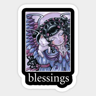 Angel and Kitten Lavender #1 - Quote - Blessings - White Outlined Version Sticker